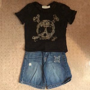 Boys 2 pc Outfit: skull T-shirt with denim shorts featuring denim skull patch